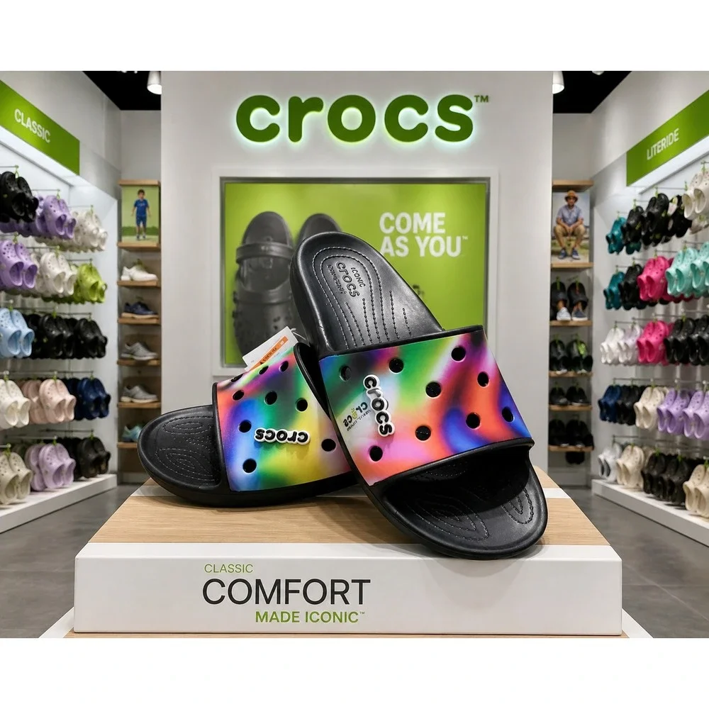 Crocs‎ Classic Slide Multi Heat Wave Black Multi Color Sandals Mens 12 NEW